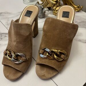 White House Black Market Tan Suede Mules with Chain Detail